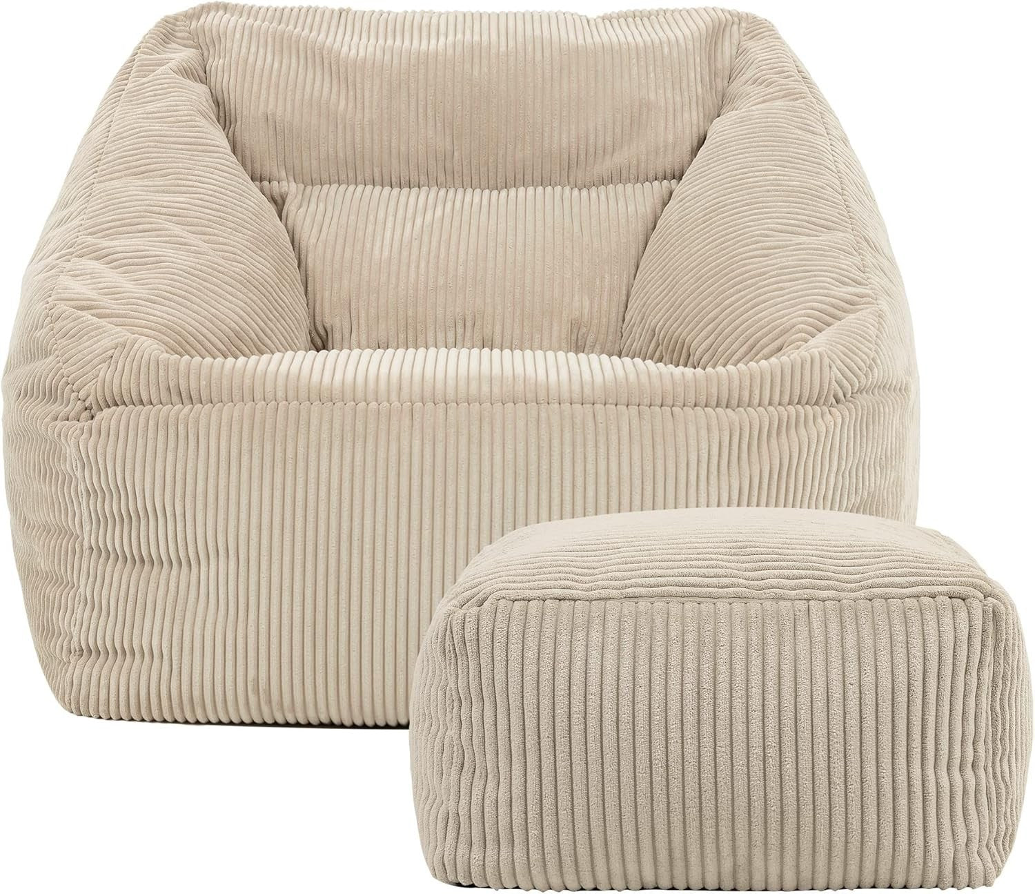 Beige Cord Bean Bag Chair with Footstool Lounge Armchair Seat Filled