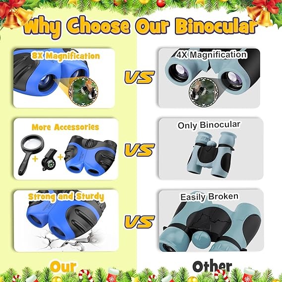 Kids 8x21 Waterproof Binoculars with Compass & Whistle Outdoor Toys Blue