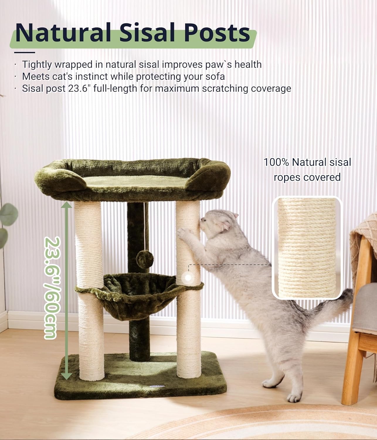 71cm Cat Tree Tower with Large Bed Hammock Sisal Scratching Indoor