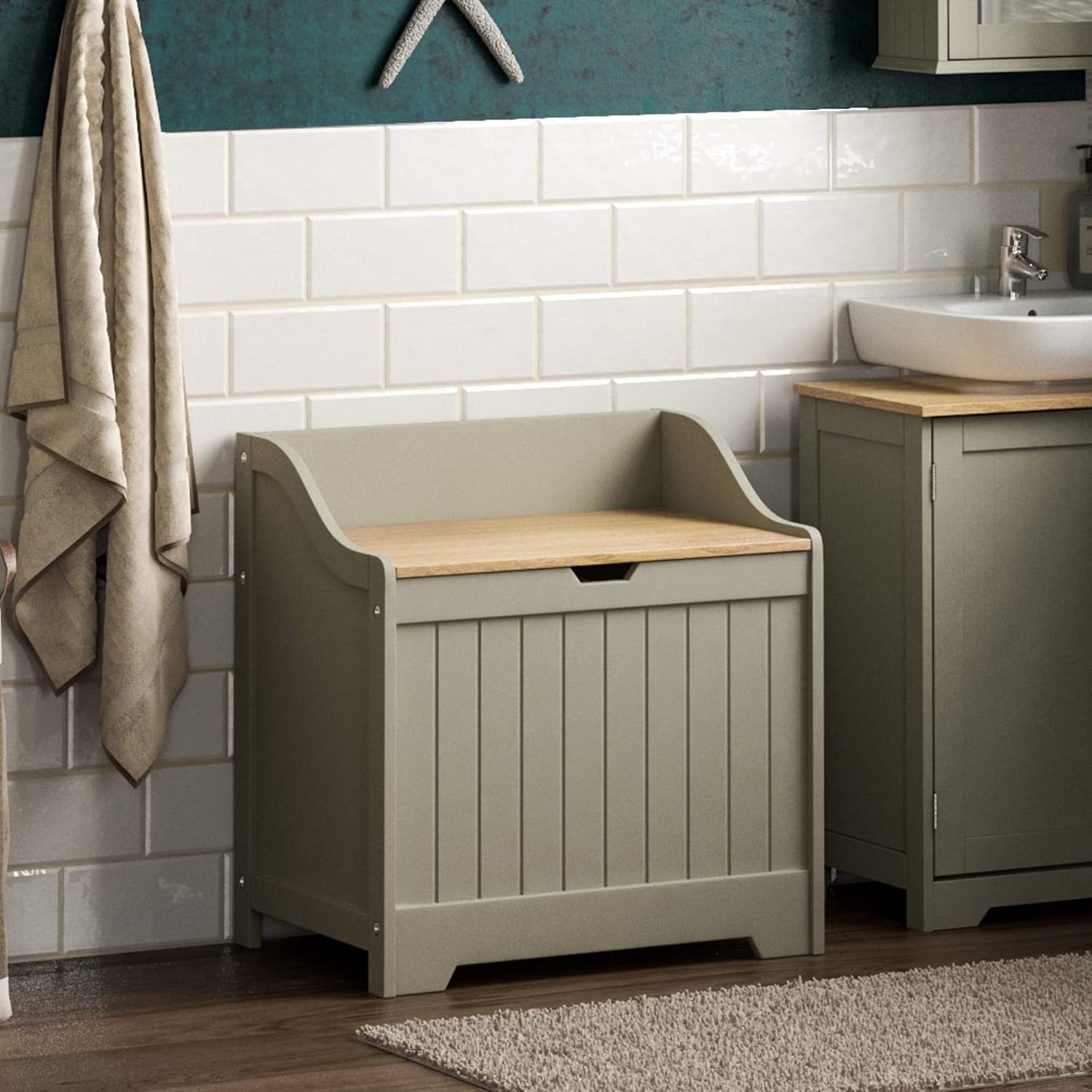 Bathroom Laundry Cabinet Storage Chest with Wooden Basket Grey Oak MDF