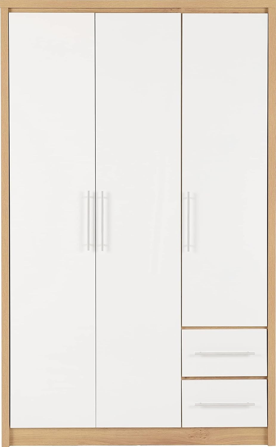 White Gloss 3 Door Wardrobe with 2 Drawers Oak Effect – Lockable Storage