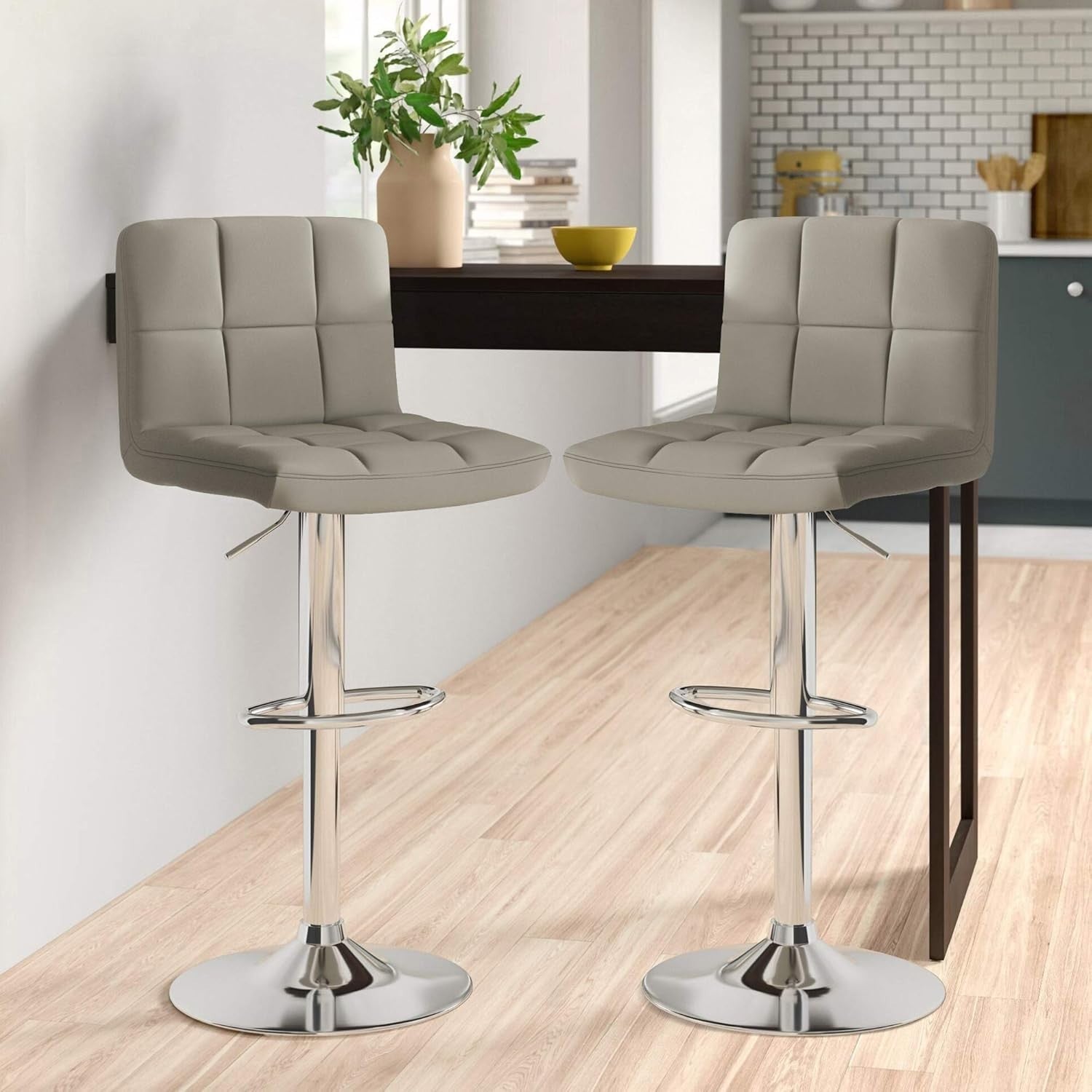 Adjustable Swivel Bar Stools Set of 2 | Grey Faux Leather Chrome