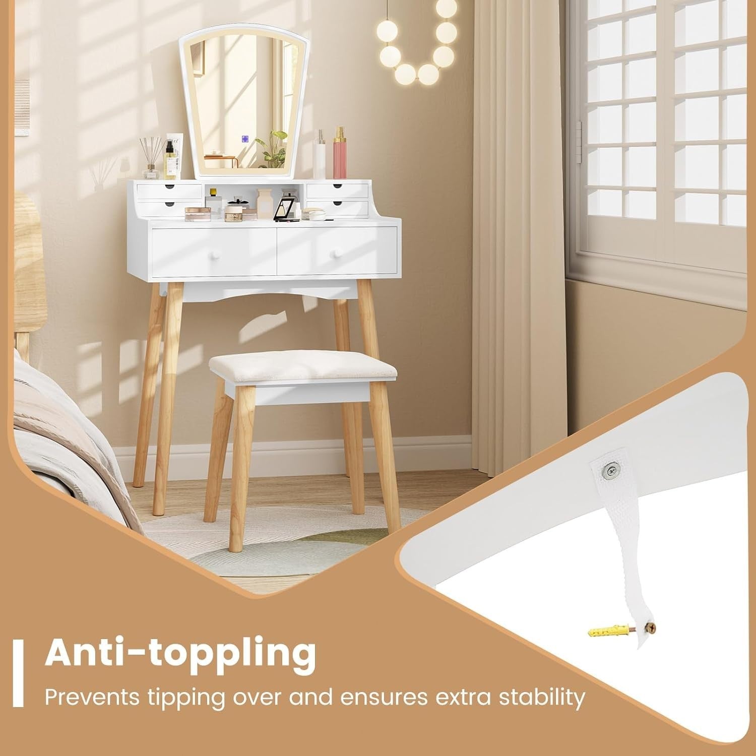 White Vanity Dressing Table Set w/ 3-Color LED Mirror, 6 Drawers & Stool