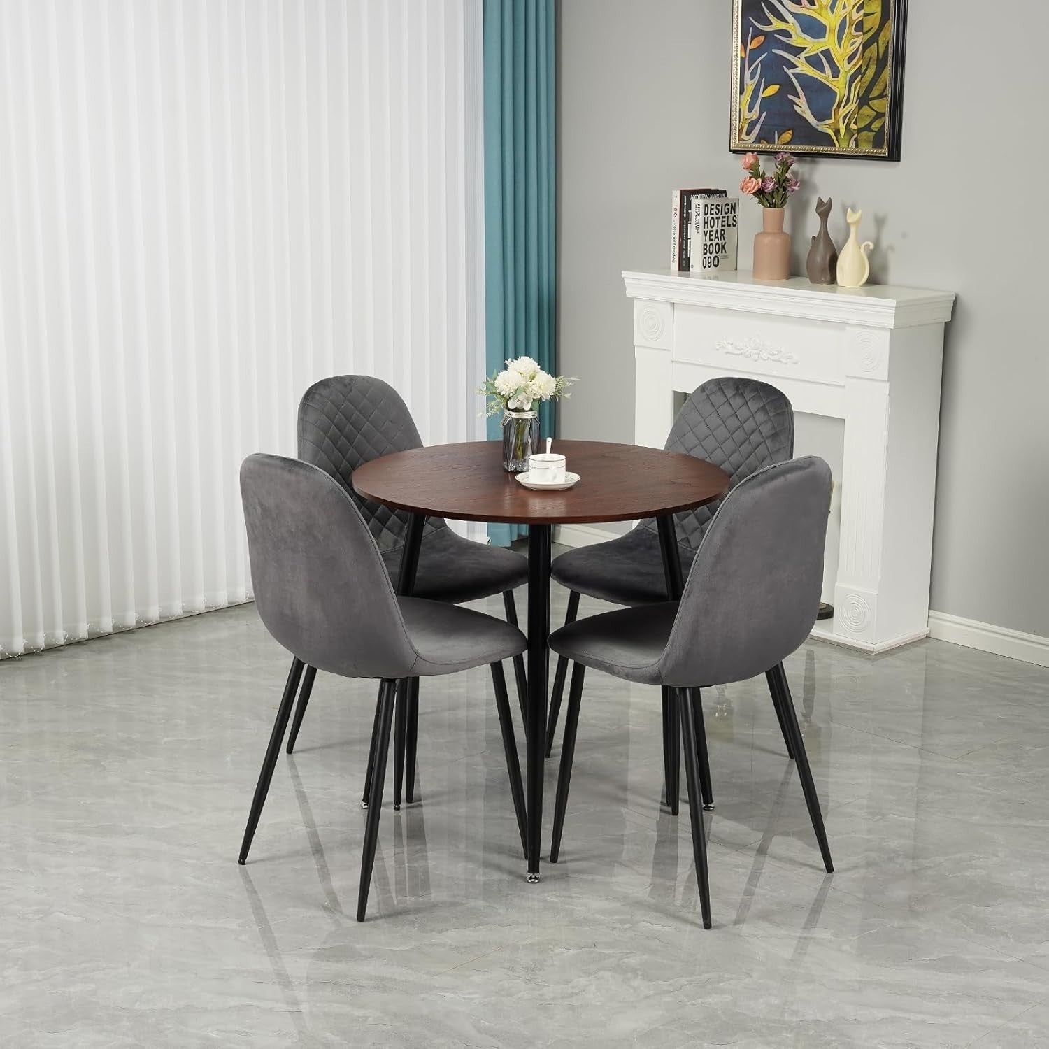Modern Round Dining Table Set 4 Velvet Chairs Kitchen Living Room 80cm
