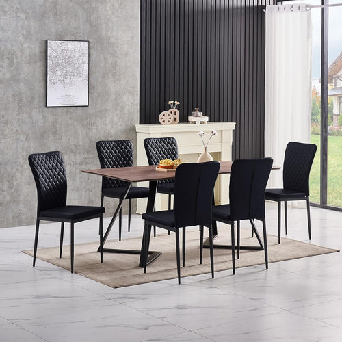 Modern Dining Table Set with 6 Black Faux Leather Chairs Oak 150x80cm