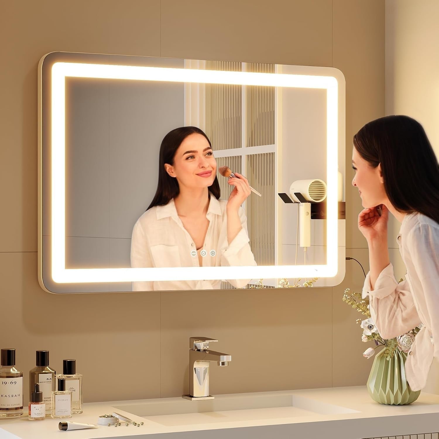 LED Vanity Mirror 80x55cm | Wall/Tabletop, 3-Color Light, 5X Magnifier, Touch