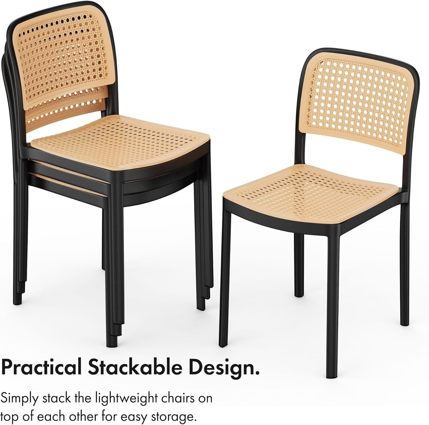 Set of 4 Rattan Effect Dining Chairs Stackable Black Boho