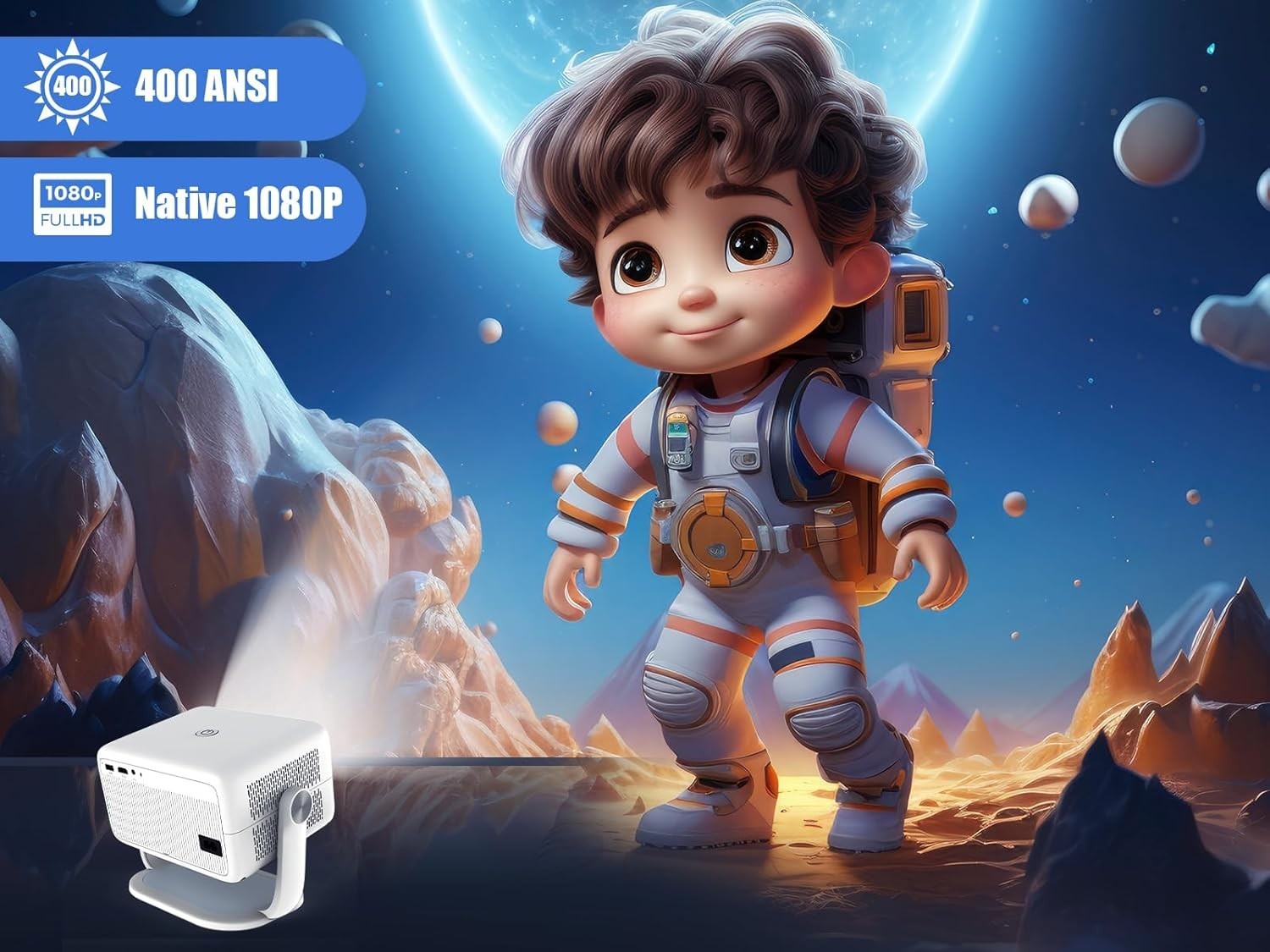 Smart 1080P Projector 400 ANSI Android 13 WiFi Bluetooth Auto Focus