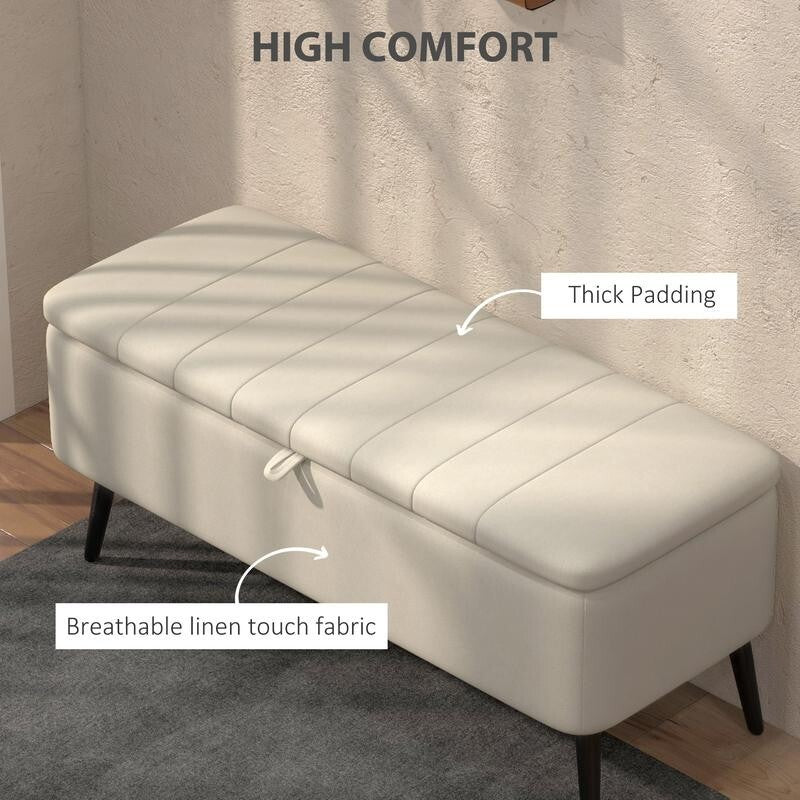 Storage Ottoman Bench Cream Linen Seat Flip Top Stool Steel Legs Bedroom