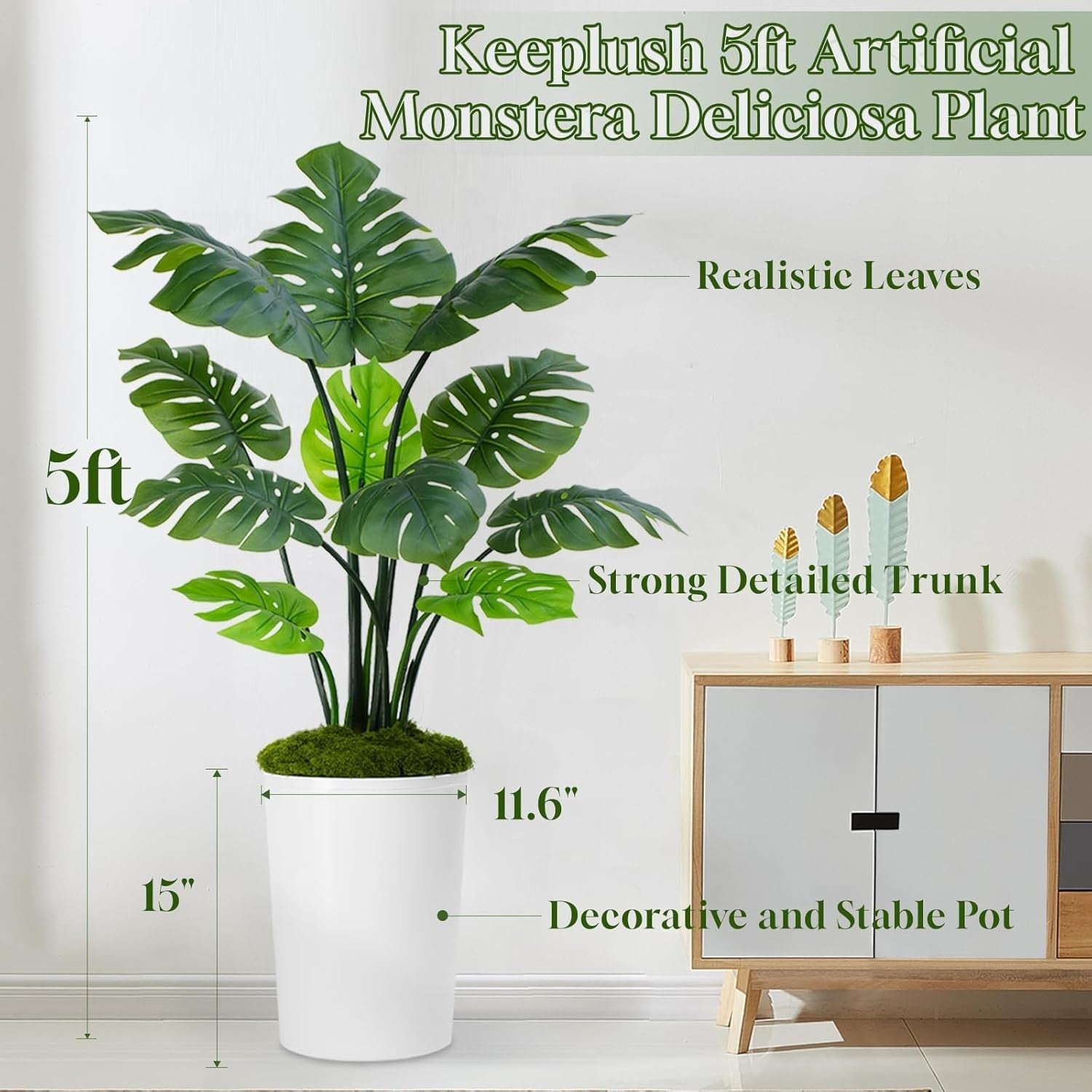 Monstera Deliciosa Plant 150cm Lifelike Indoor Potted Tropical Decor White Pot