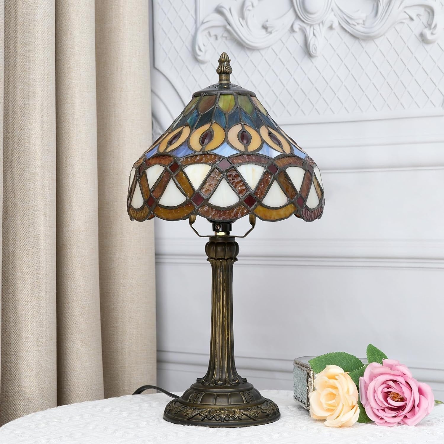 Vintage Stained Glass Peacock Table Lamp | Handmade Reading Light 14”H