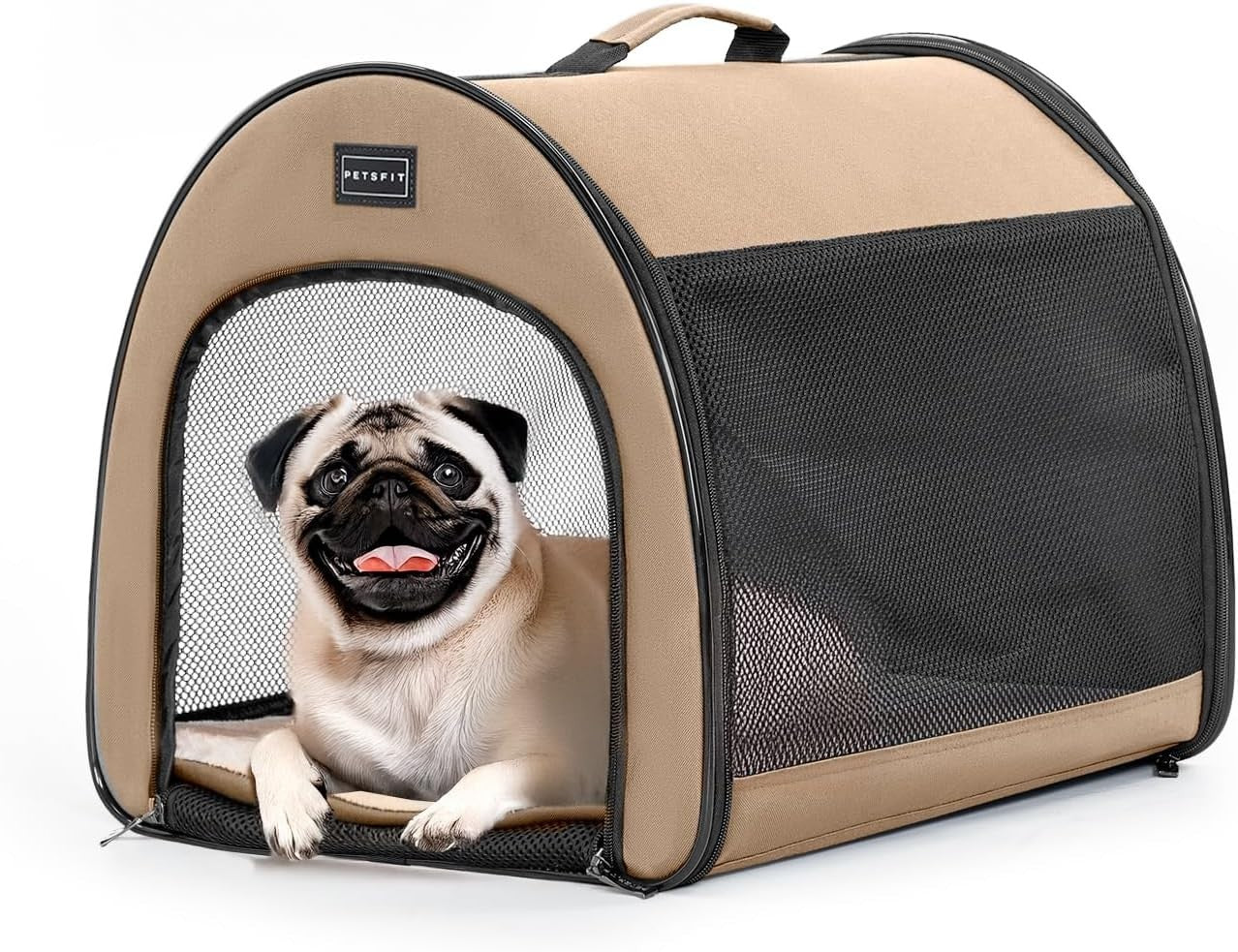 Soft Dog Crate 48x42x41cm Portable Travel Carrier Cat Kennel with Mat Khaki