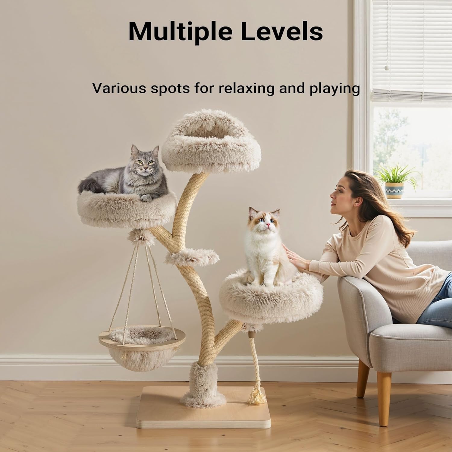 Designer Cat Tree Tower 130cm Branch Style Plush Scratching Post Hammock Bed