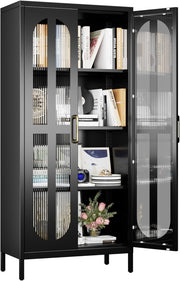 Adjustable 4-Tier Black Metal Storage Cabinet with Glass Doors – 155cm