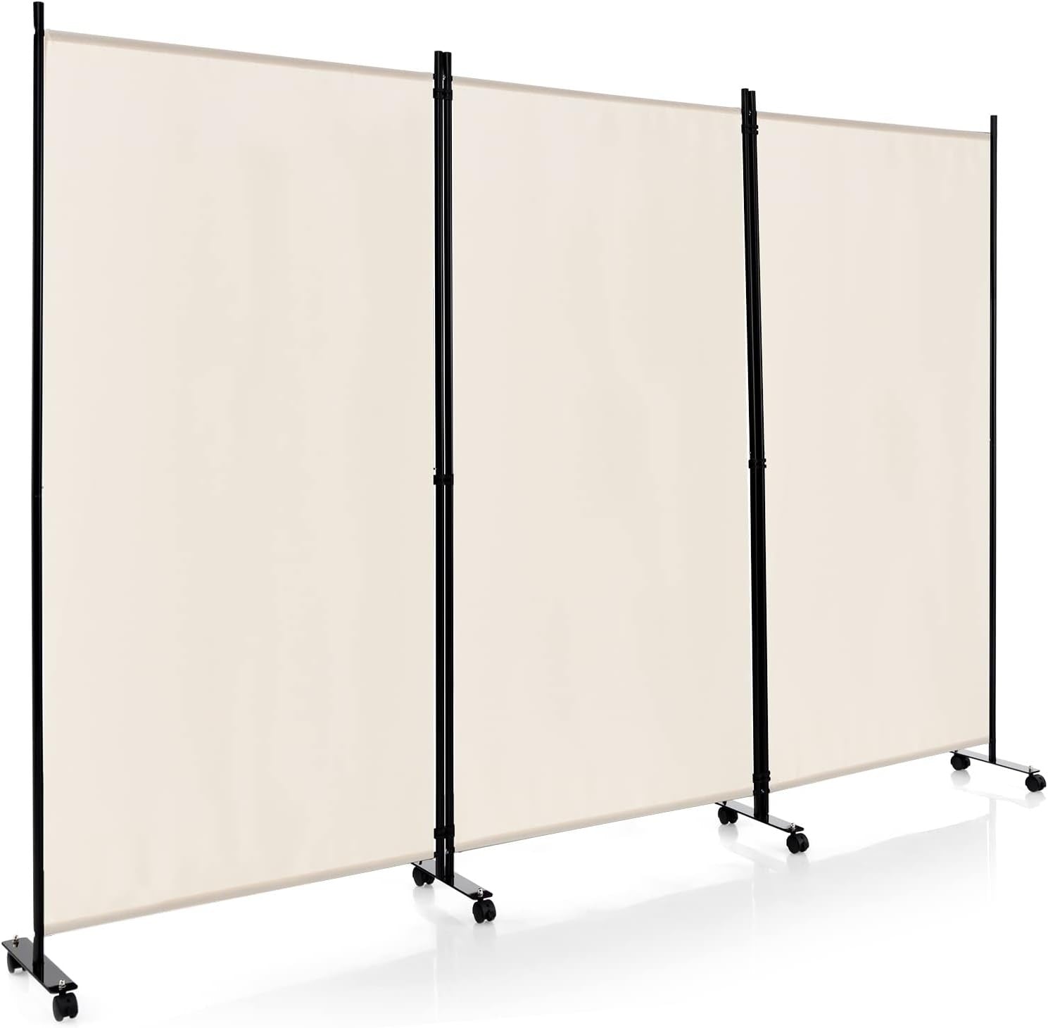 3 Panel Beige Folding Room Divider Privacy Screen on Wheels for Home Office