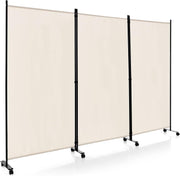 3 Panel Beige Folding Room Divider Privacy Screen on Wheels for Home Office