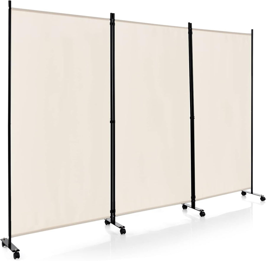 3 Panel Beige Folding Room Divider Privacy Screen on Wheels for Home Office