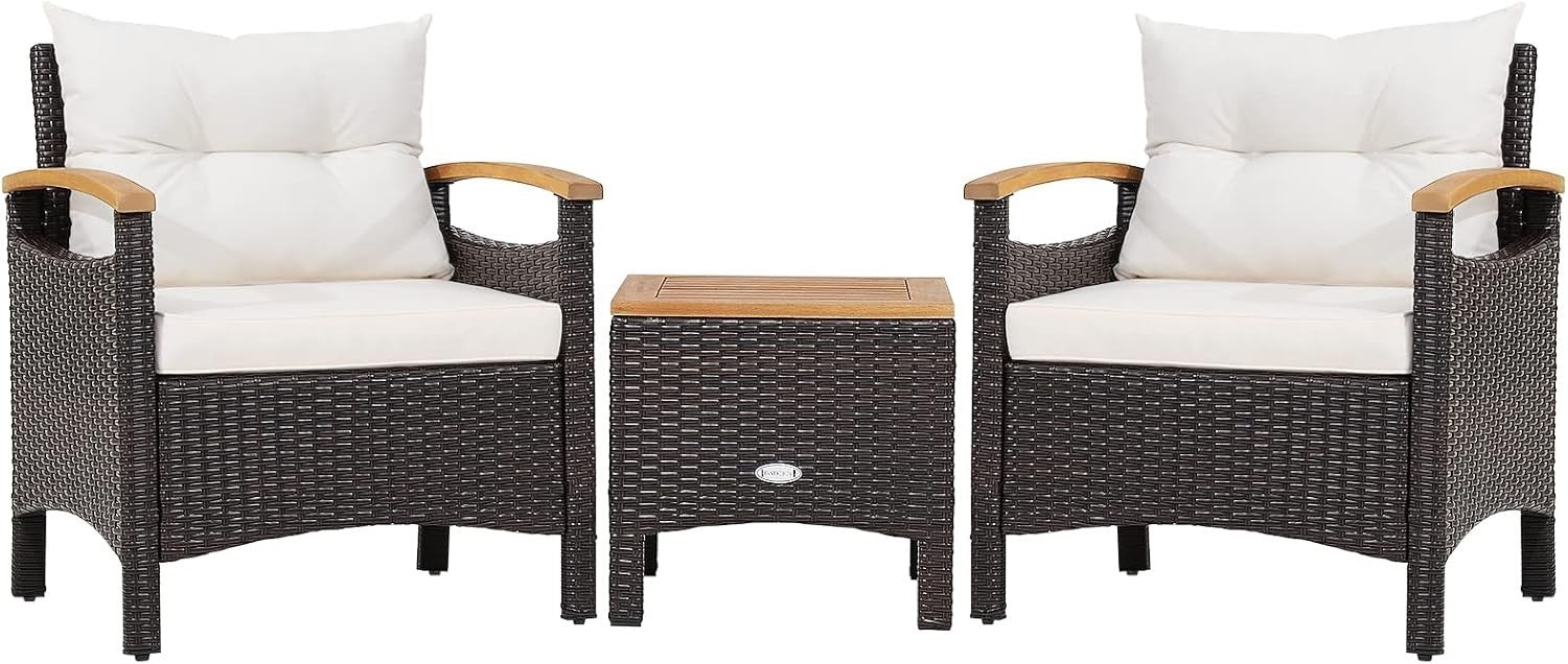 3-Piece Outdoor Rattan Sofa Set with Cushions & Acacia Wood Table Patio Garden