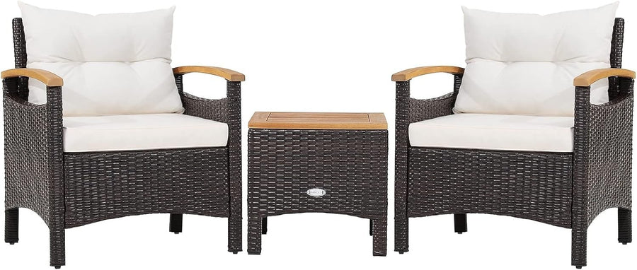 3-Piece Outdoor Rattan Sofa Set with Cushions & Acacia Wood Table Patio Garden