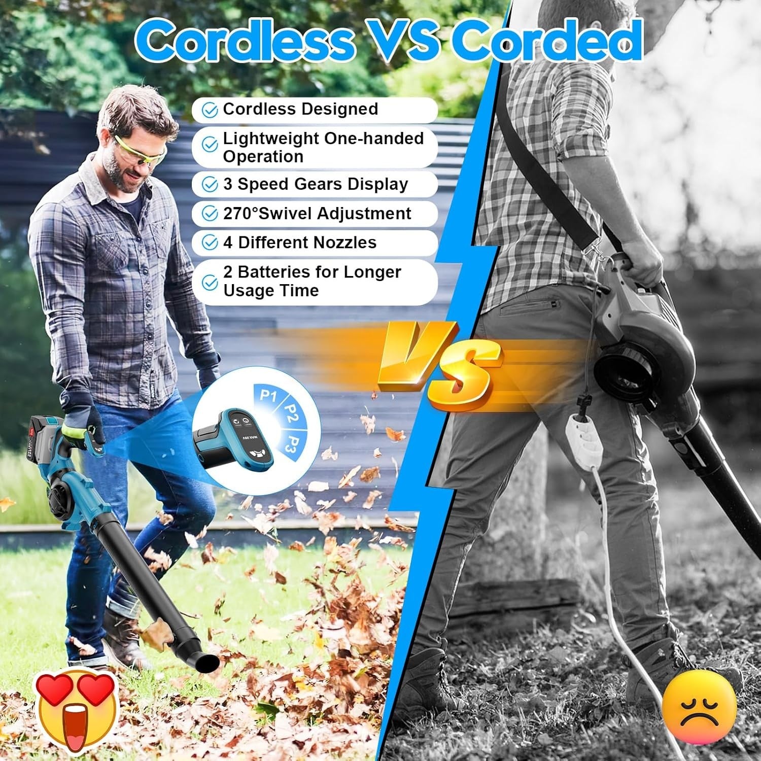 Cordless Leaf Blower 21V Dual Batteries Turbo Boost 3 Speed Handheld