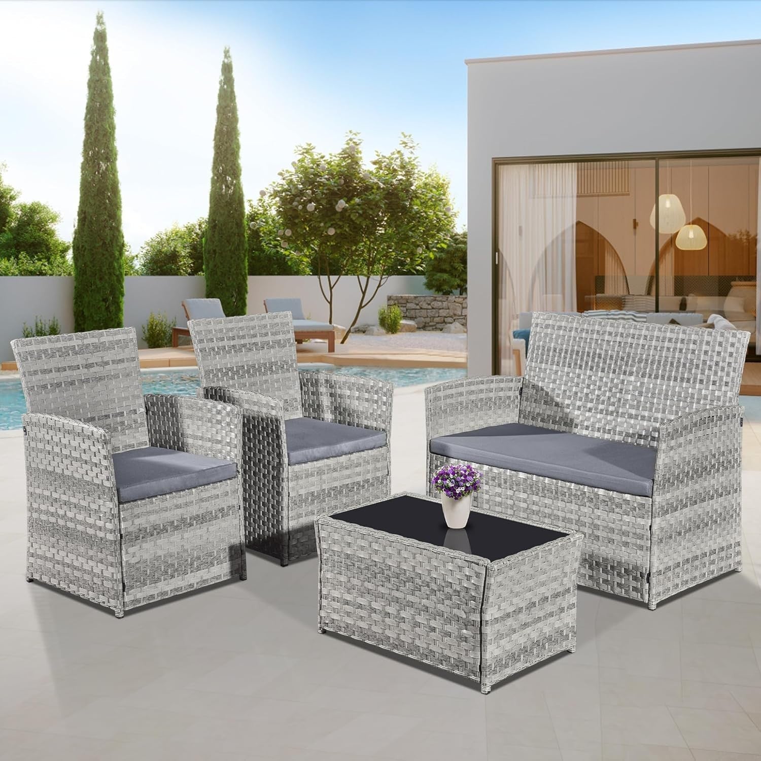 Grey Rattan Outdoor Patio Furniture Set - 4-Piece, Waterproof, Modern Design