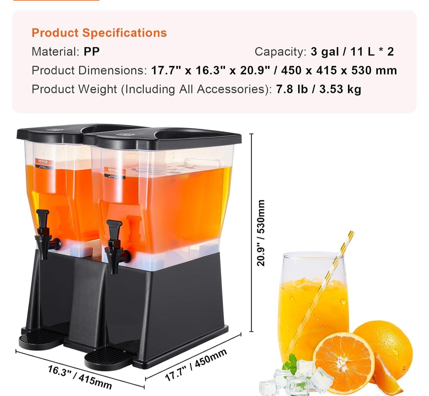 Double Drink Beverage Dispenser 20L | Dual Tank Juice Lemonade Iced Tea Stand