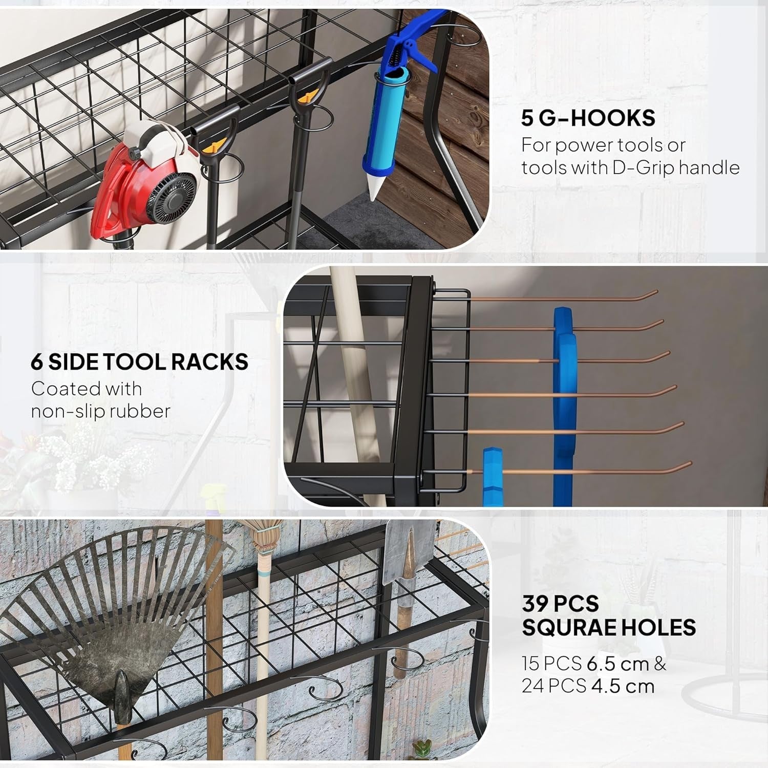 3-Tier Garden Tool Rack 11 Hooks Corner Shed Organizer Black Metal