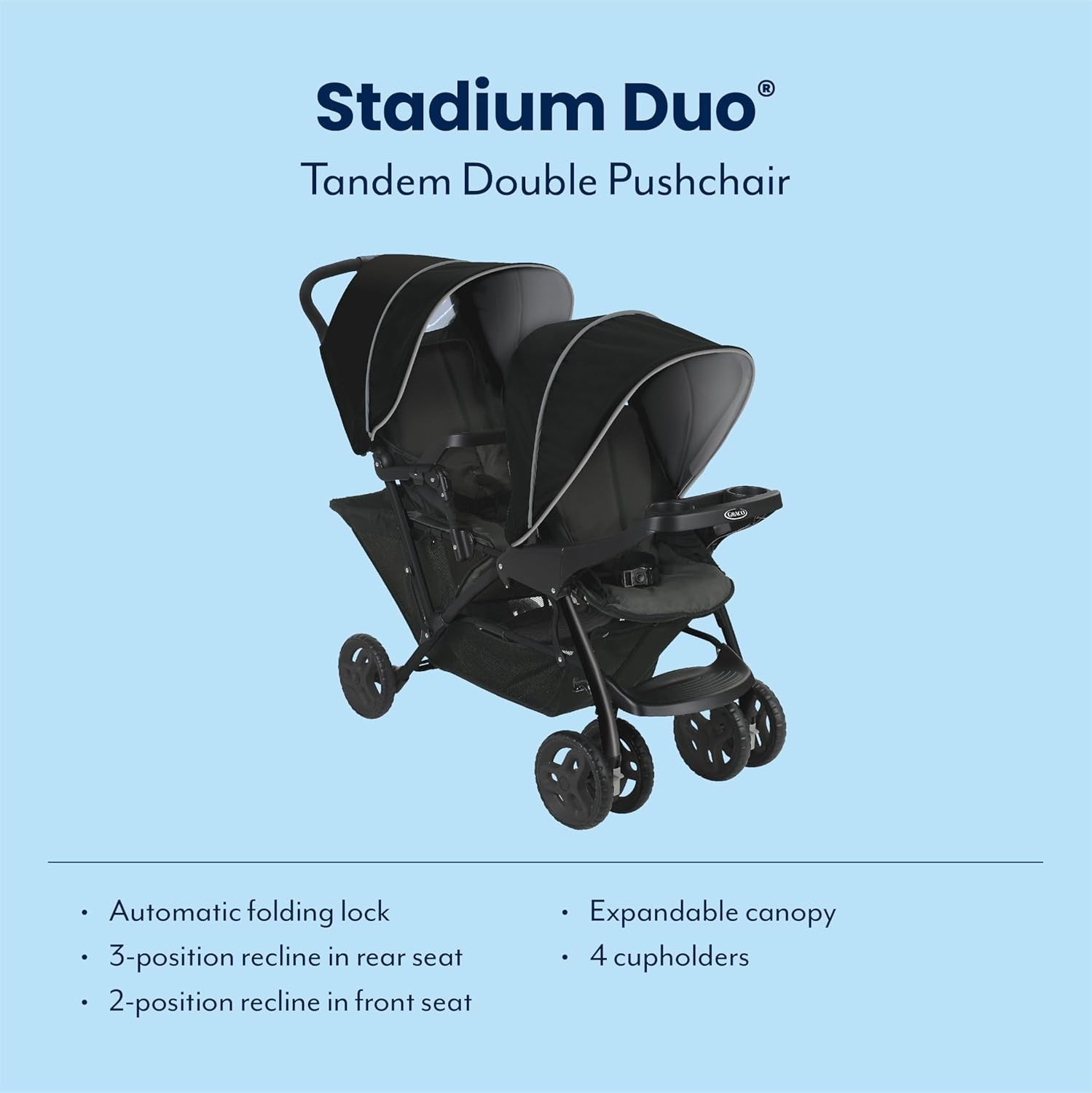Tandem Double Pushchair from Birth, One-Hand Fold, Recline Seats, Black