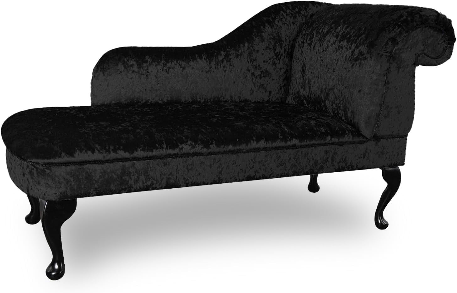 Luxury Left Hand Velvet Chaise Lounge Chair Black with Queen Anne Legs.