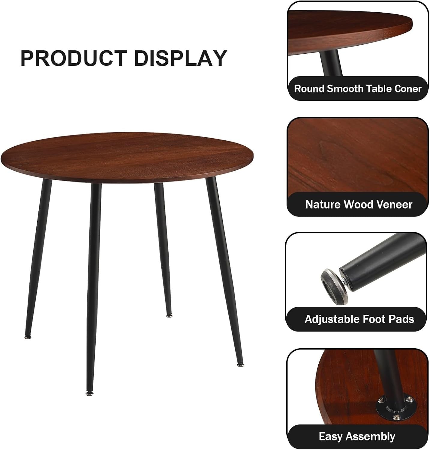 Grey Round Dining Table Set w/ 4 Chairs – Walnut Effect Space-Saving 5-Piece Set
