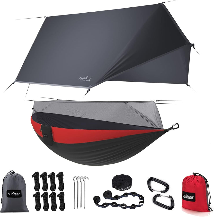 Camping Hammock with Rain Fly & Net | Double Portable Outdoor Hiking Bed