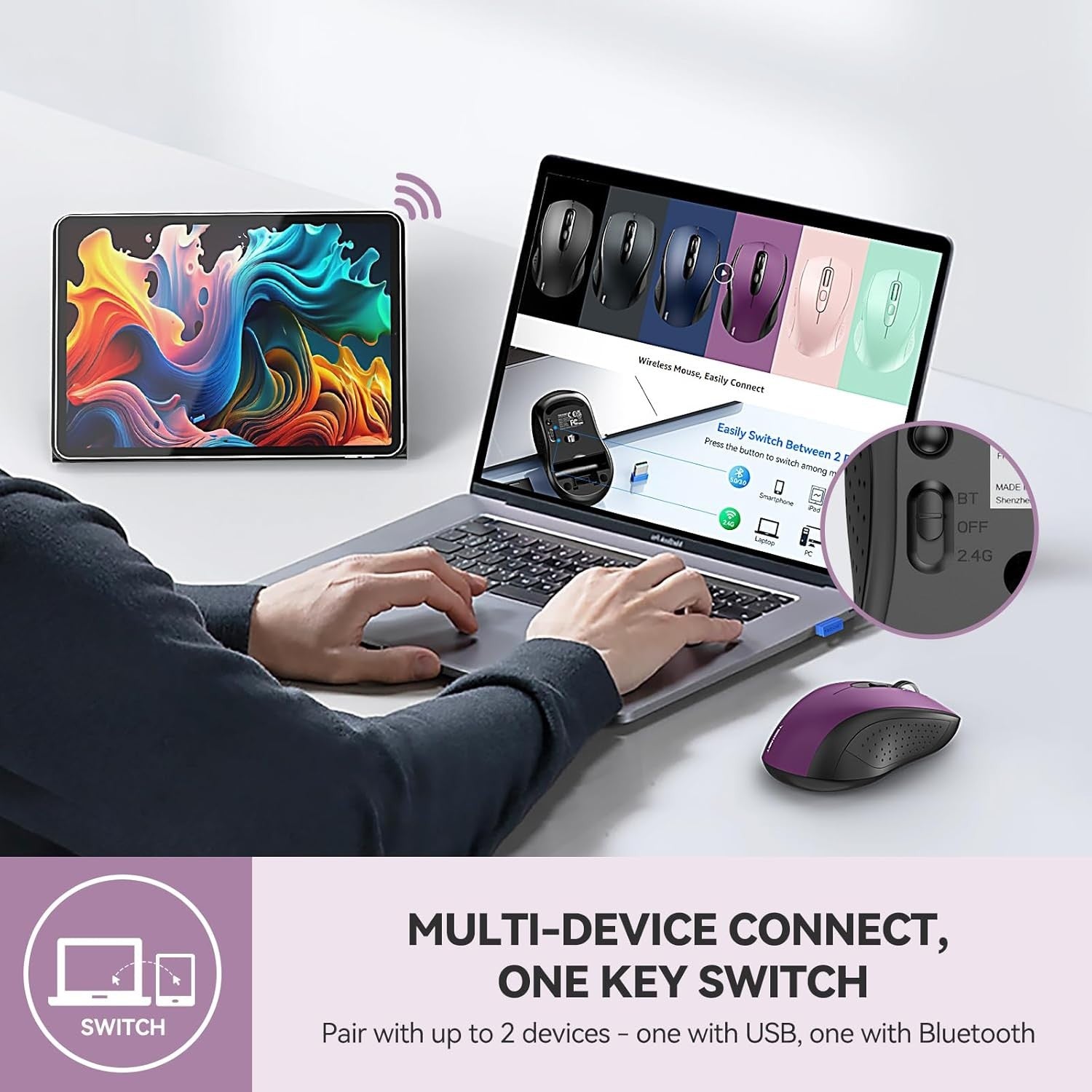 Quiet Bluetooth Wireless Mouse 4000DPI Multi Device Ergonomic Office Style