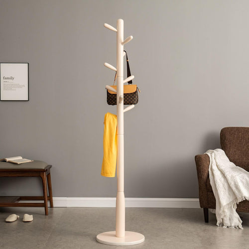 White Wooden Freestanding Coat Rack with 9 Hooks | Modern Hall Stand for Home