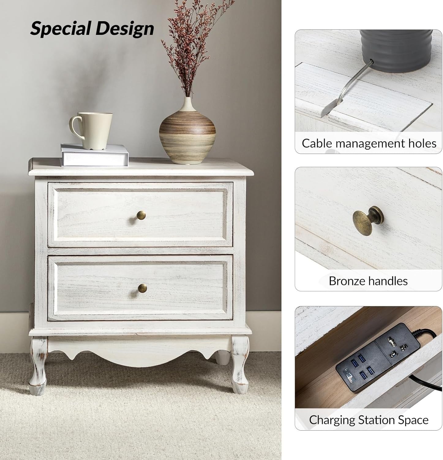 White Wooden Bedside Table with Drawers – Compact French Country Nightstand