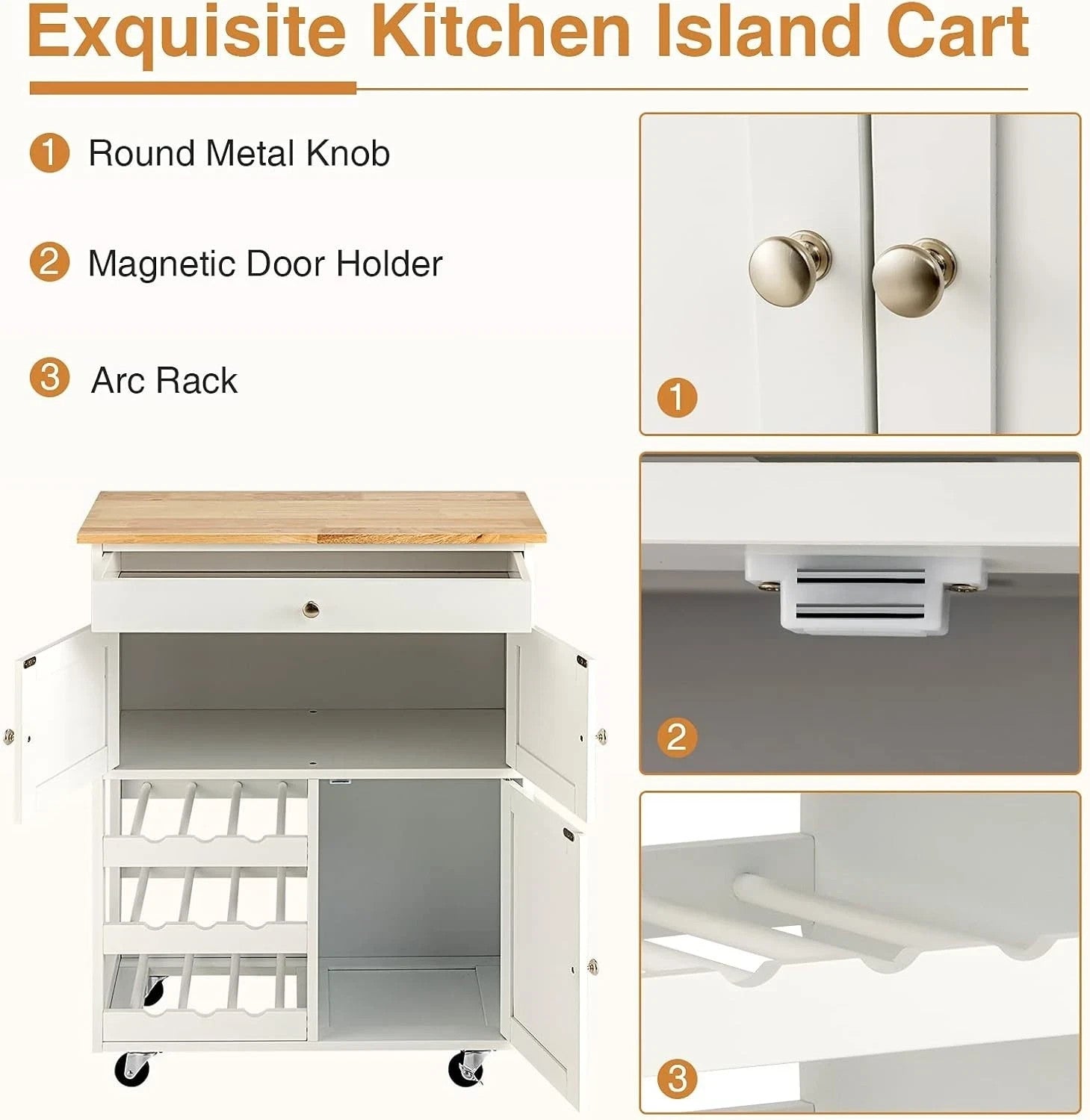 Luxury Kitchen Storage Trolley on Wheels with Drawer & Wine Rack, 37x67x86cm