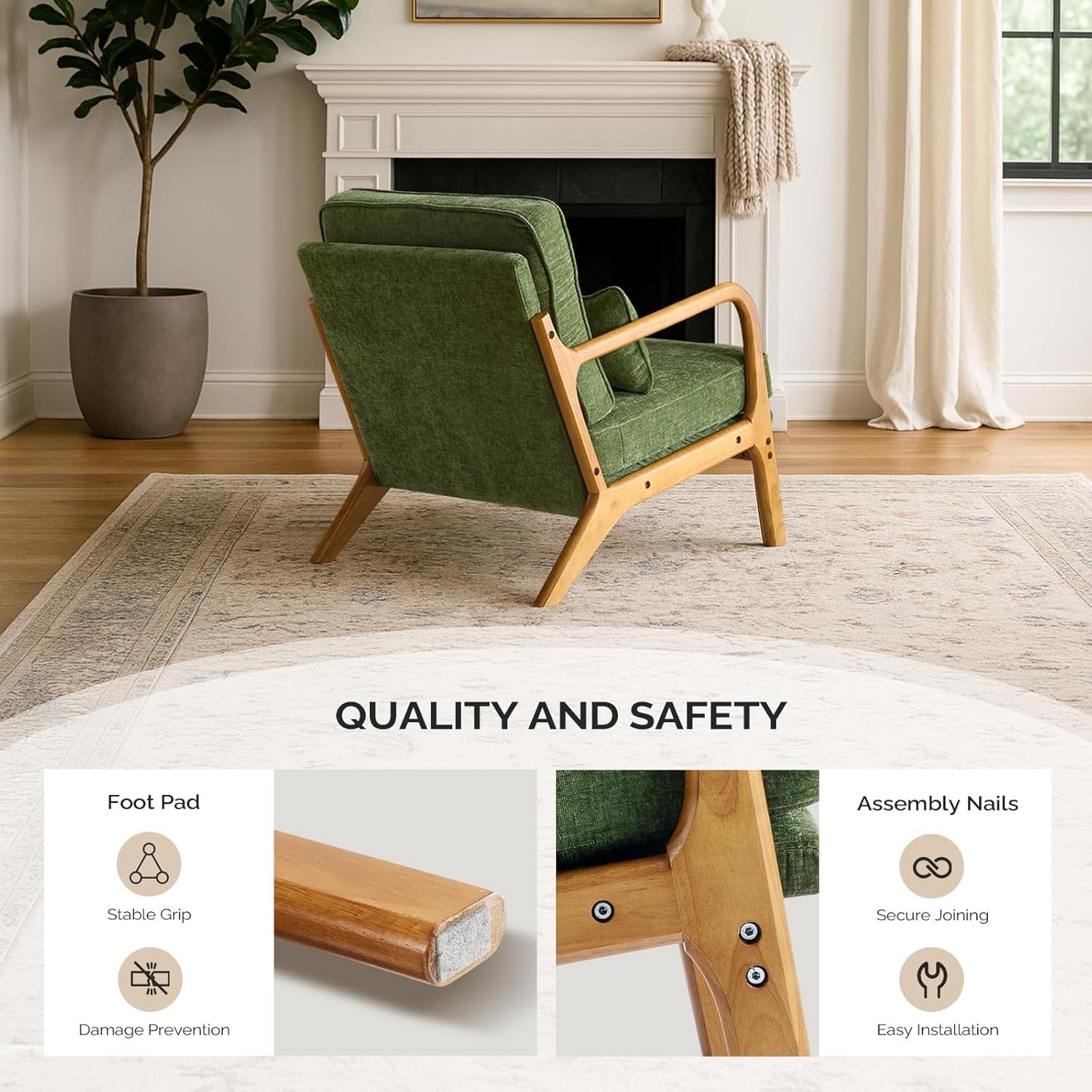 Olive Green Chenille Accent Chair – Solid Wood Lounge Armchair