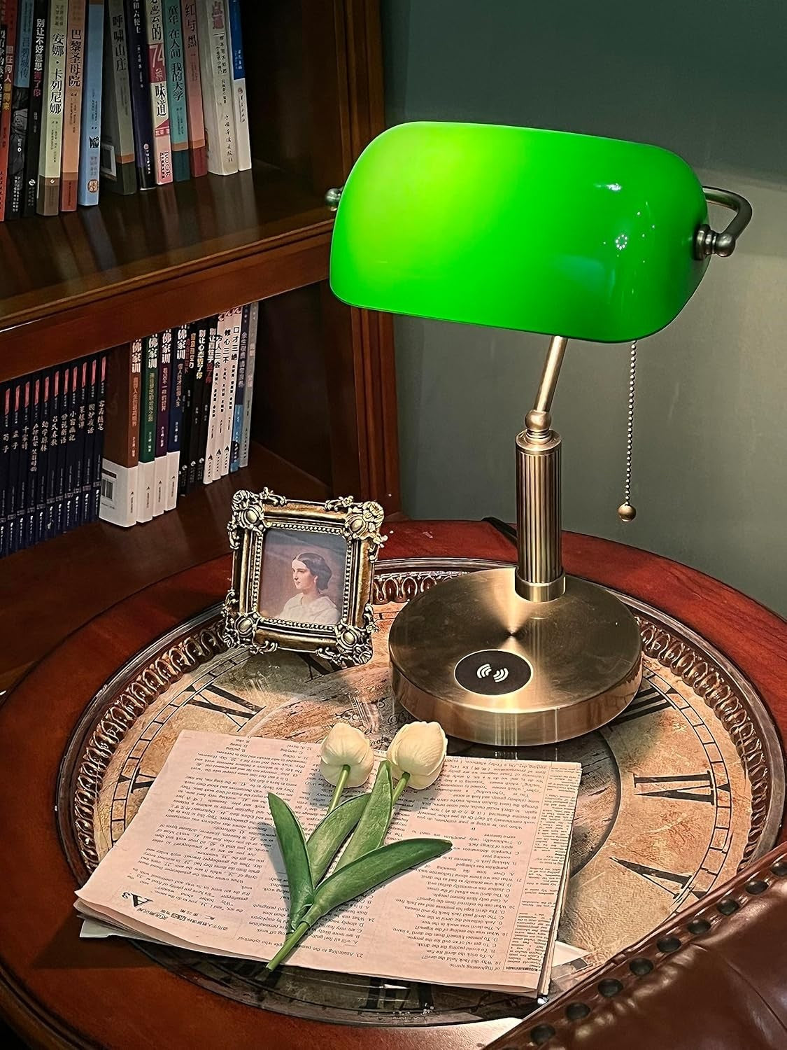 Vintage Green Glass Desk Lamp with Wireless Charging & USB Port, 32cm