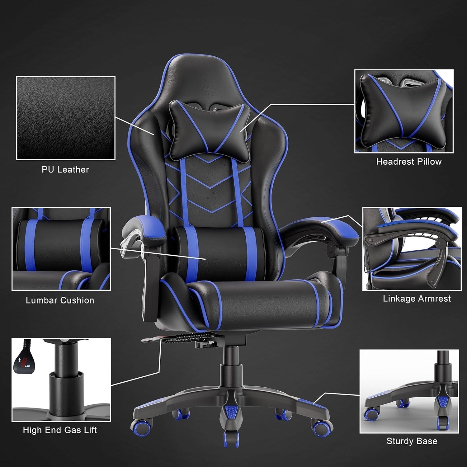 Ergonomic Gaming Office Chair Recline 90-135° Blue Faux Leather High Back 330 lb