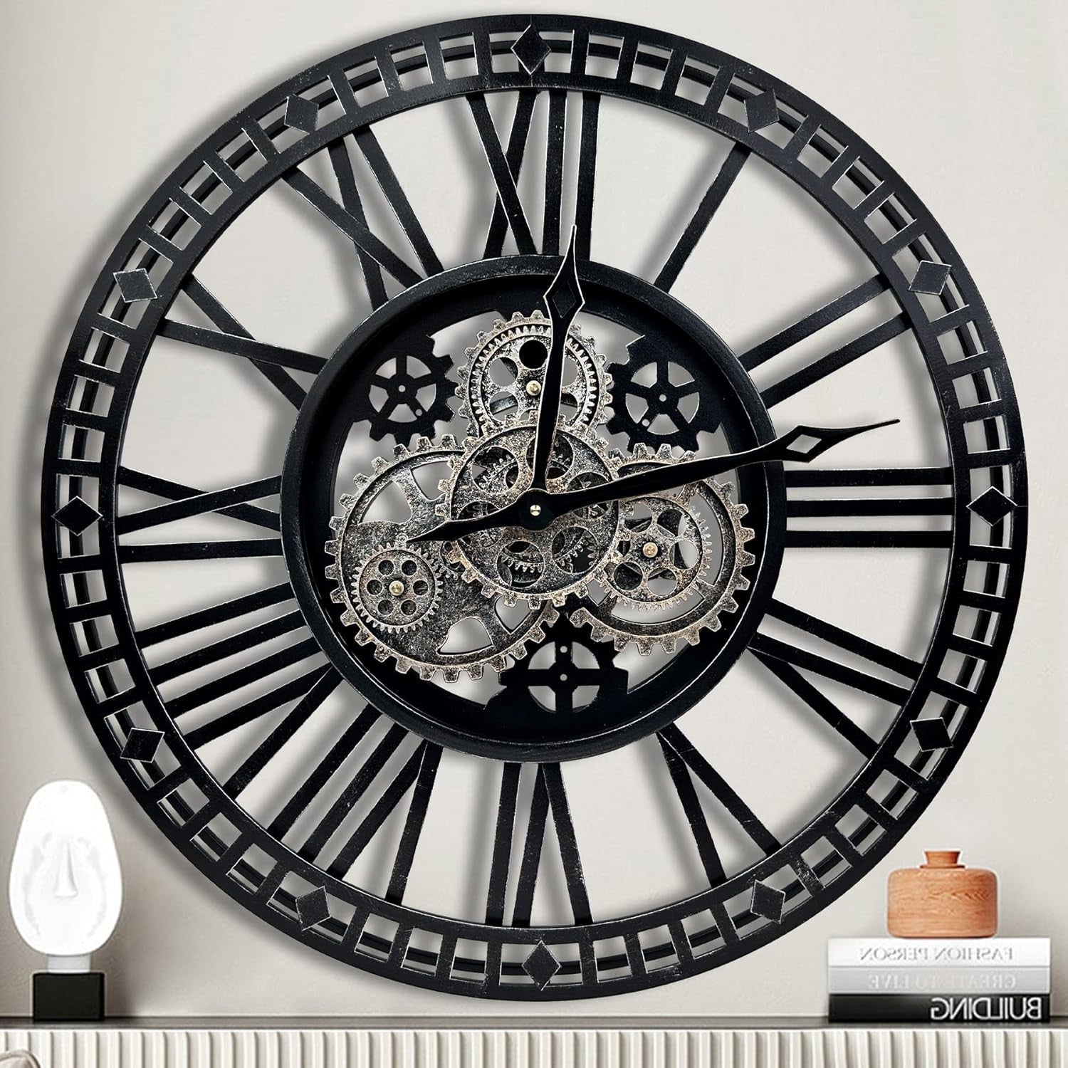 Oversized Industrial Steampunk Wall Clock 24" Silent Moving Gears Decor