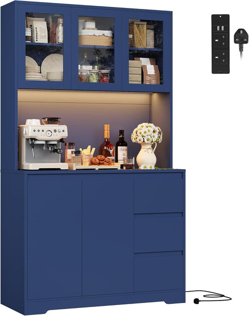 Blue Tall Kitchen Cupboard with LED, Shelves, Drawers & Power Sockets