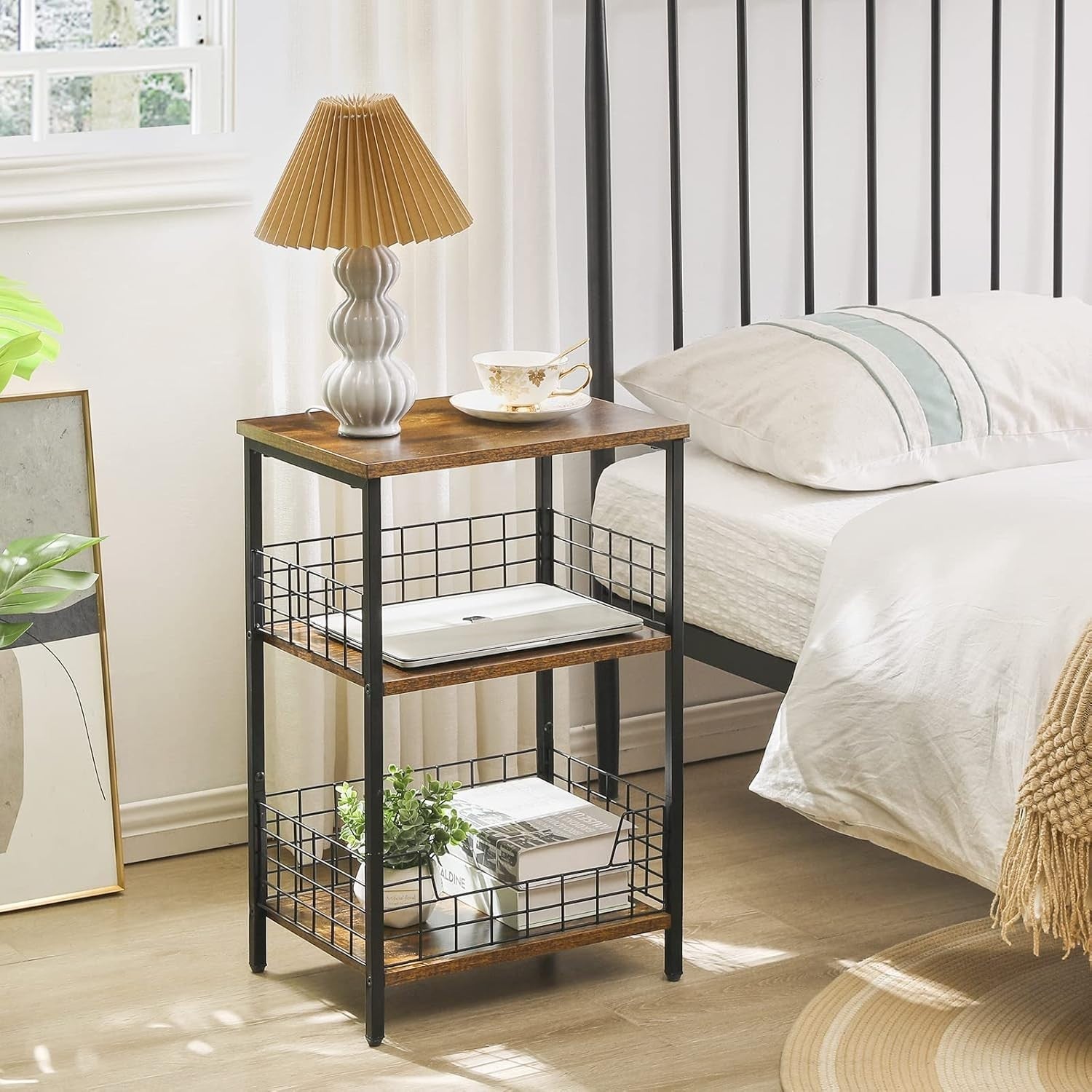 3-Tier Industrial Side Table with Storage Rack | Compact Rustic Brown 40x29x62cm