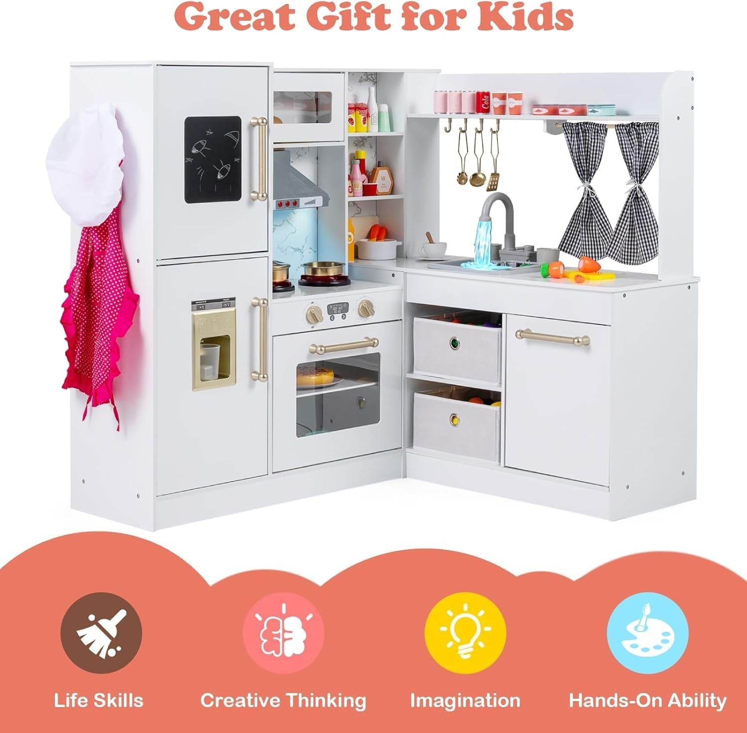 Kids Wooden Play Kitchen Set Lights Sounds Water Ice Maker White Toy