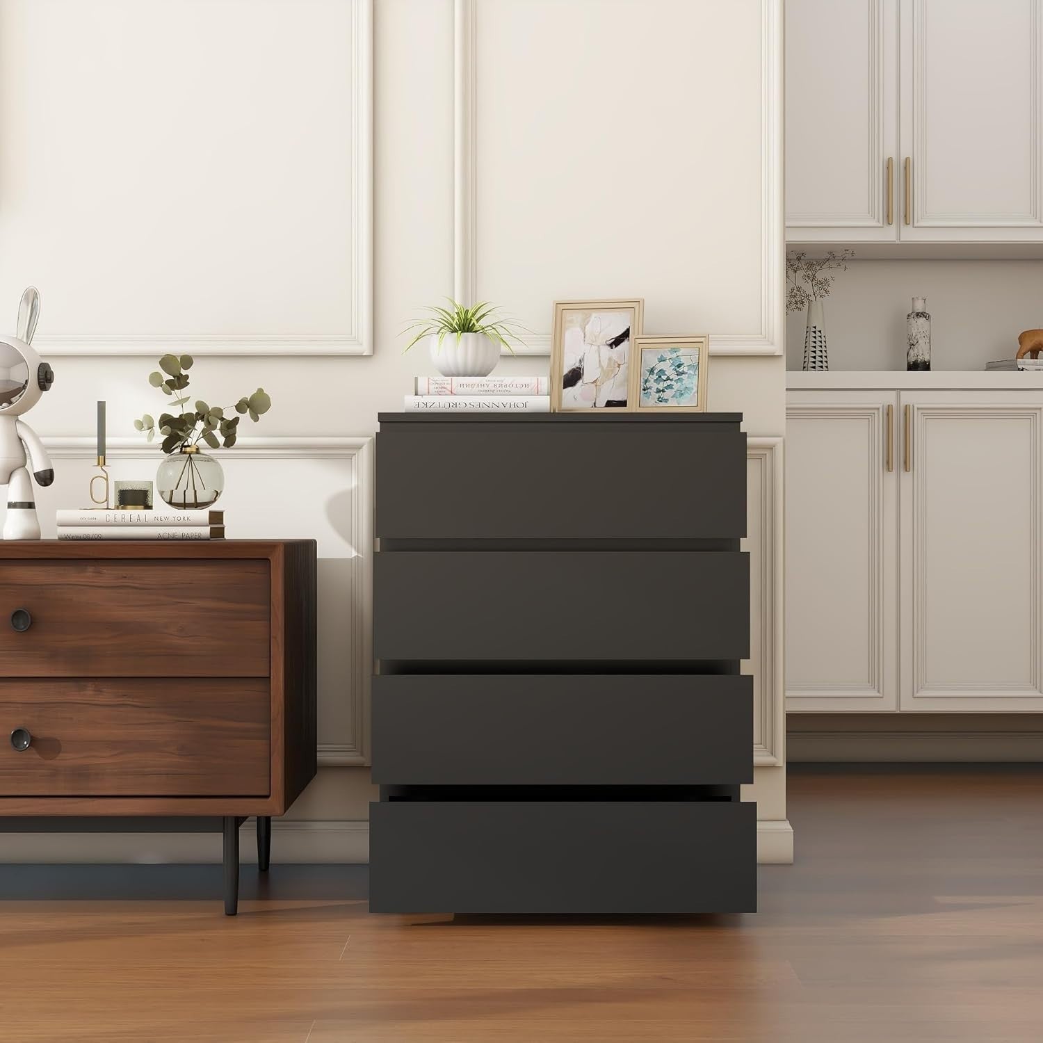 Modern Black Wooden Chest of Drawers 4-Drawer Tall Dresser Storage Organizer