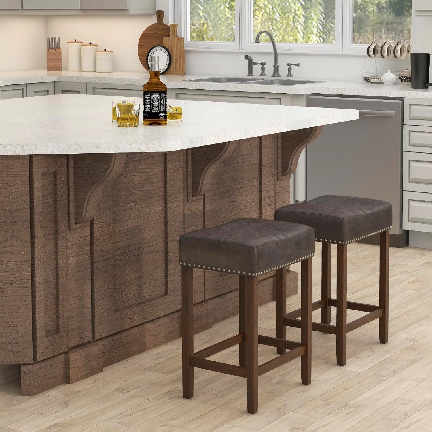 Gray & Brown Saddle Bar Stools Set of 2 – Solid Wood Chairs