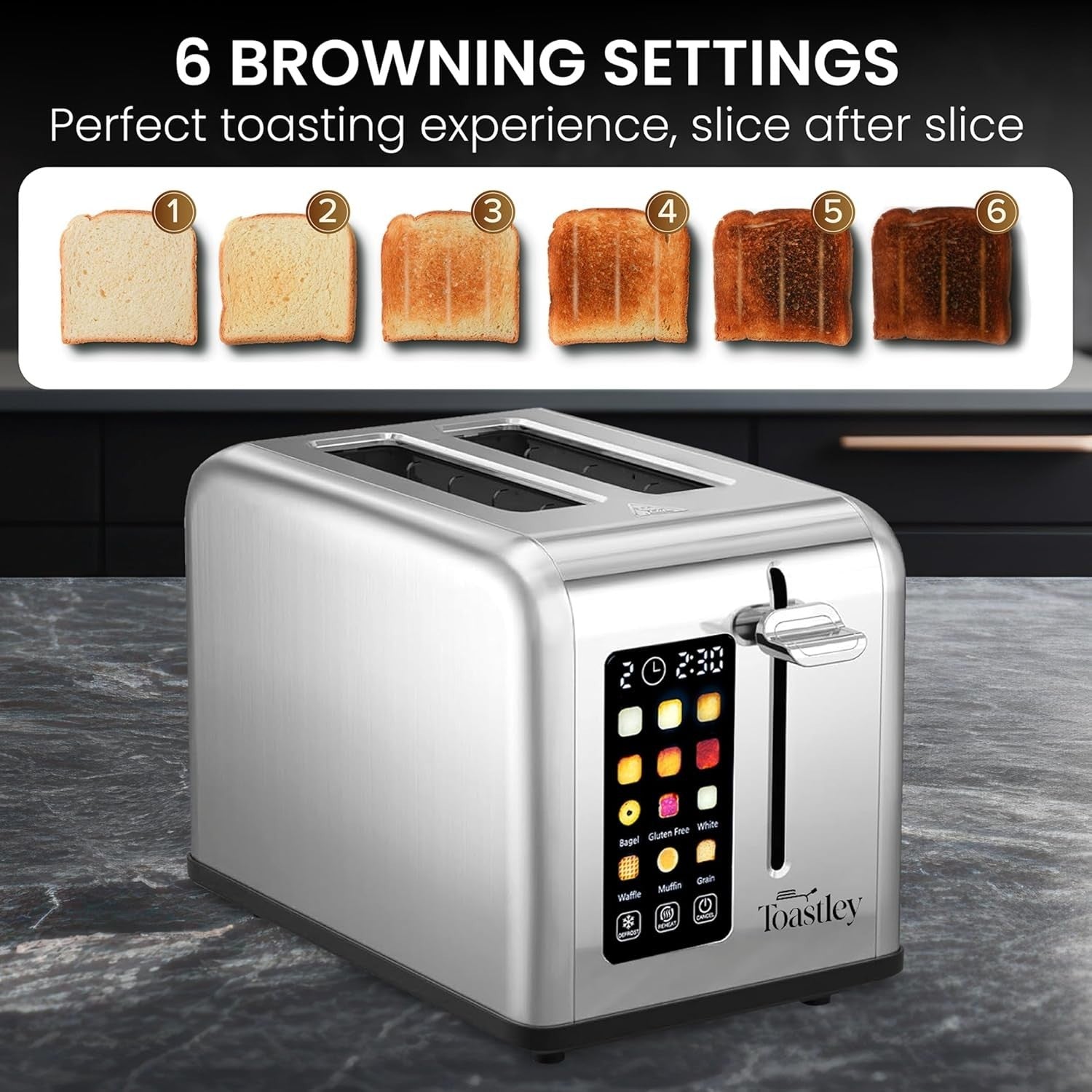 Smart Touchscreen Toaster 2 Slice Wide Slot Timer Reheat Defrost Auto-Off