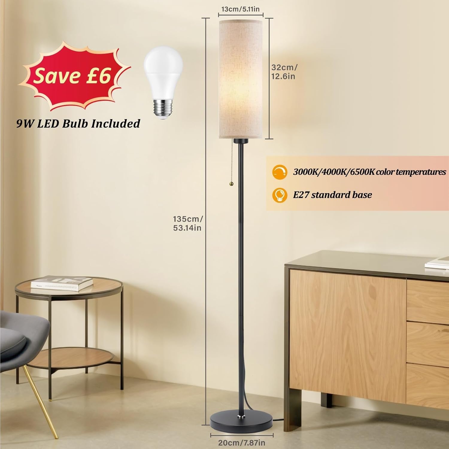 Black Linen Floor Lamp Standing Light 3 Colour LED Pull Chain Modern Corner