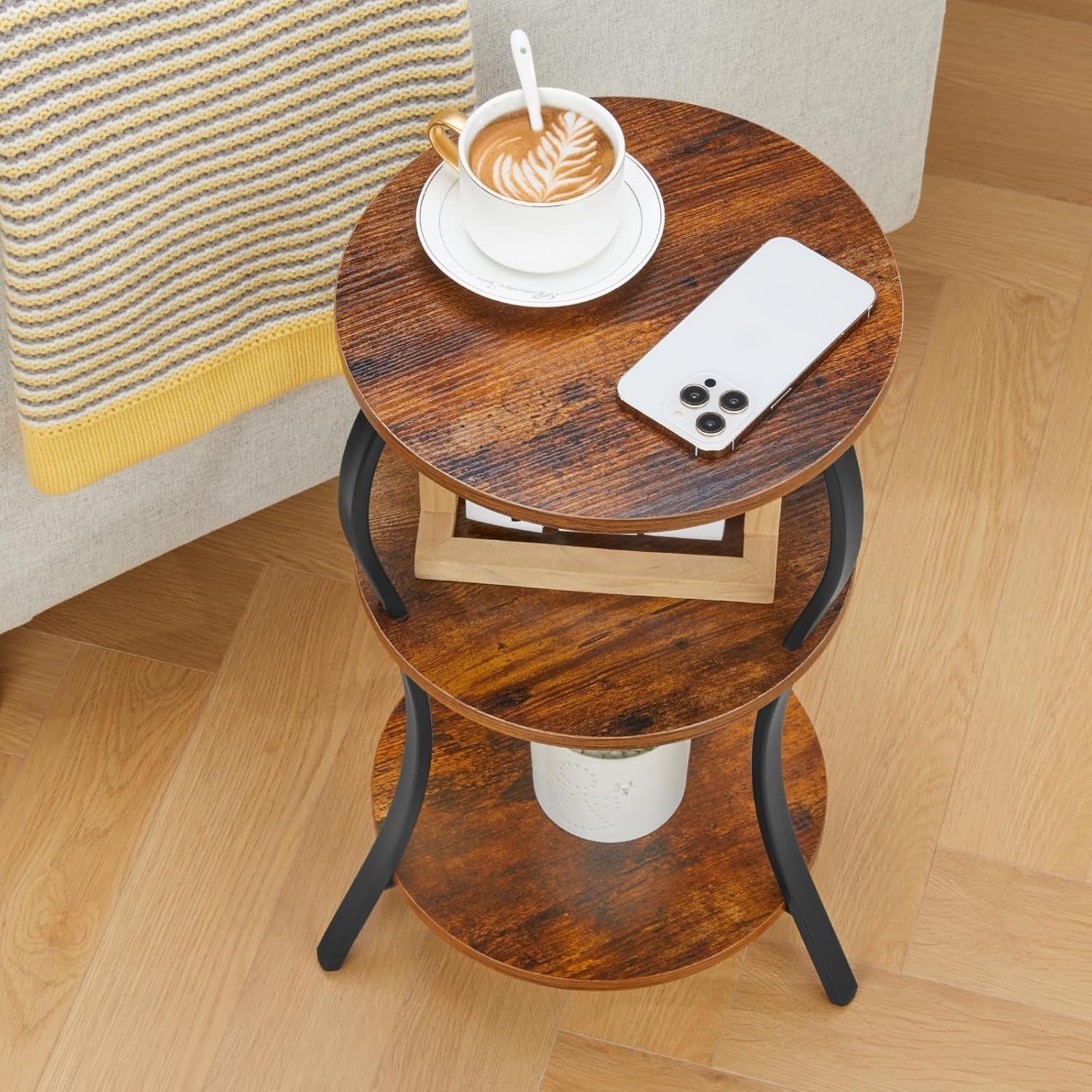 Brown 3-Tier Round Side Table 30x30x55 cm | Slim End Table w/ Storage