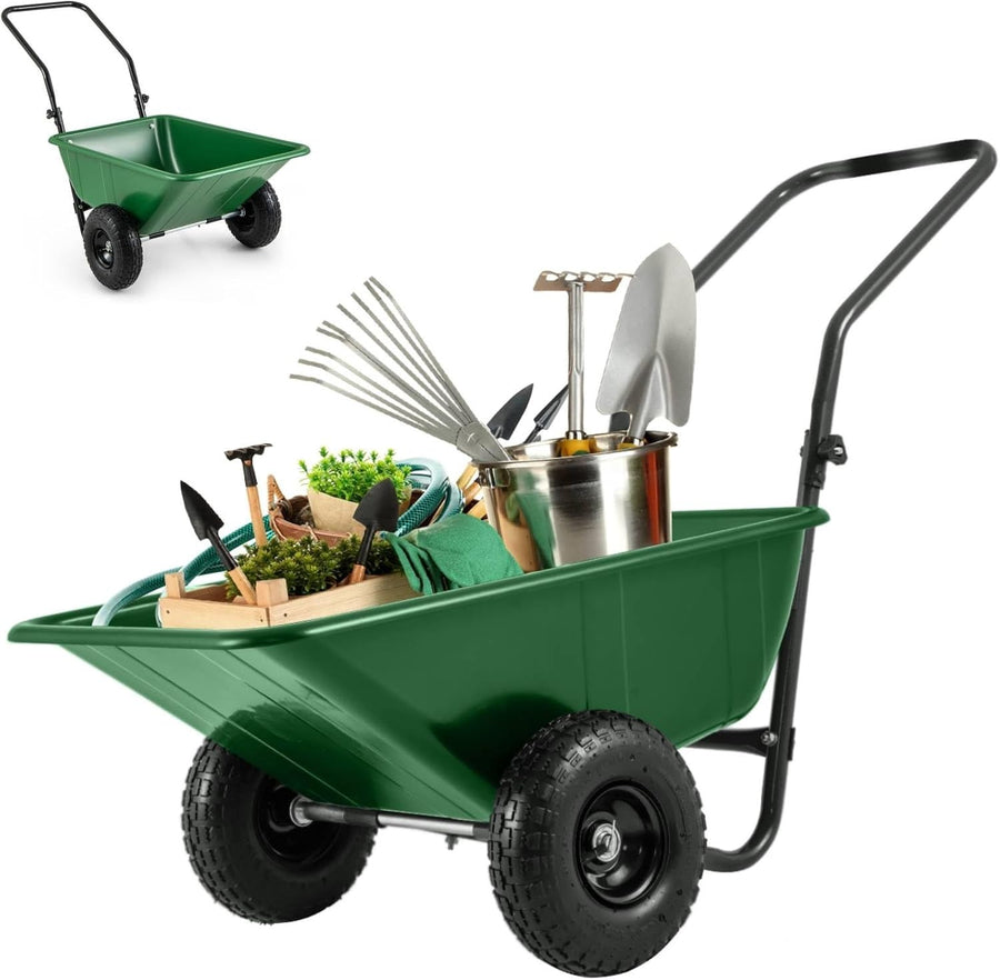 80L 2-Wheel Garden Wheelbarrow Green – Foldable Handle w/ Pneumatic Tyres 100kg