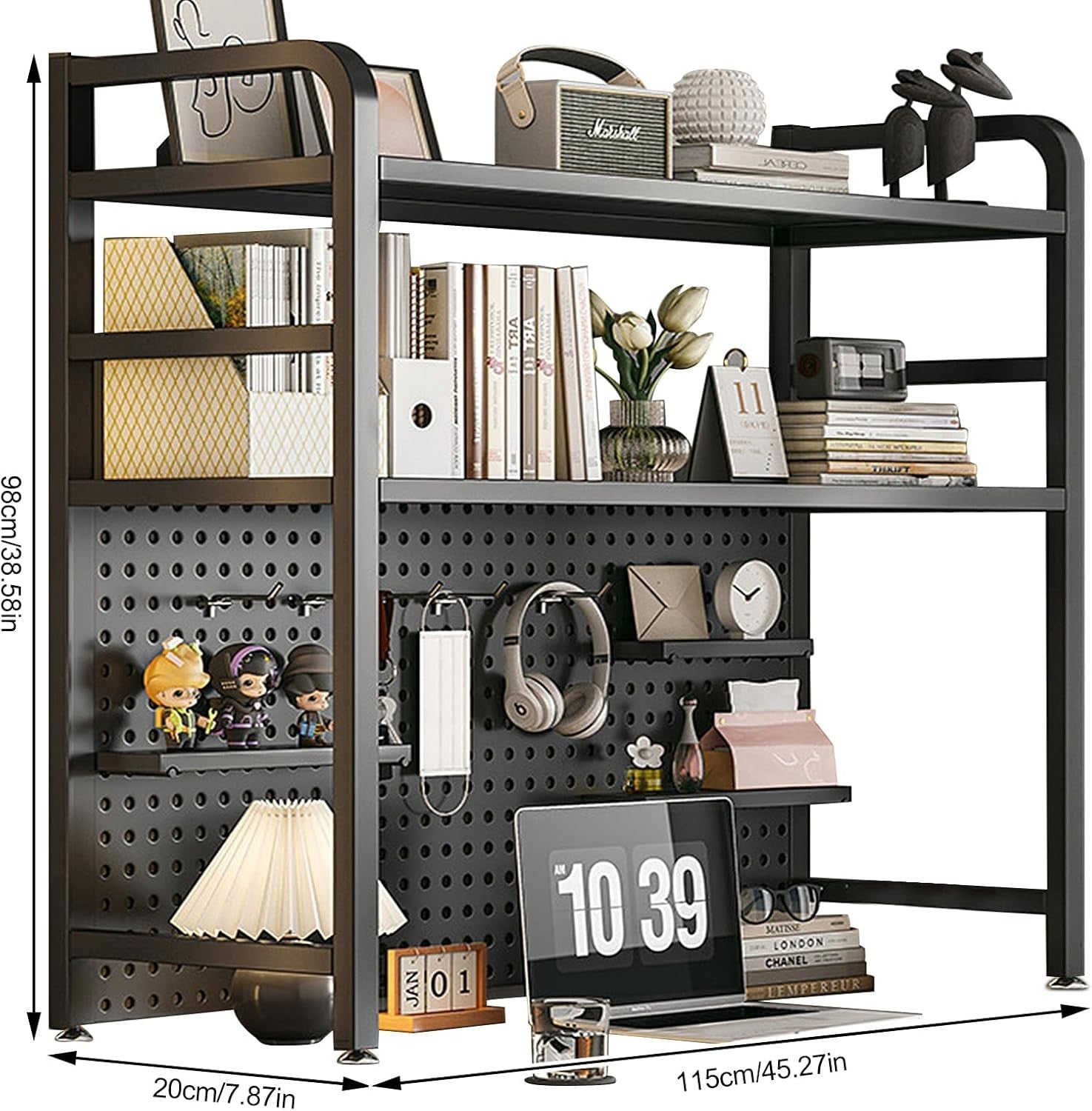 115cm Industrial Desktop Bookshelf 2-Tier Metal Desk Hutch Storage Rack