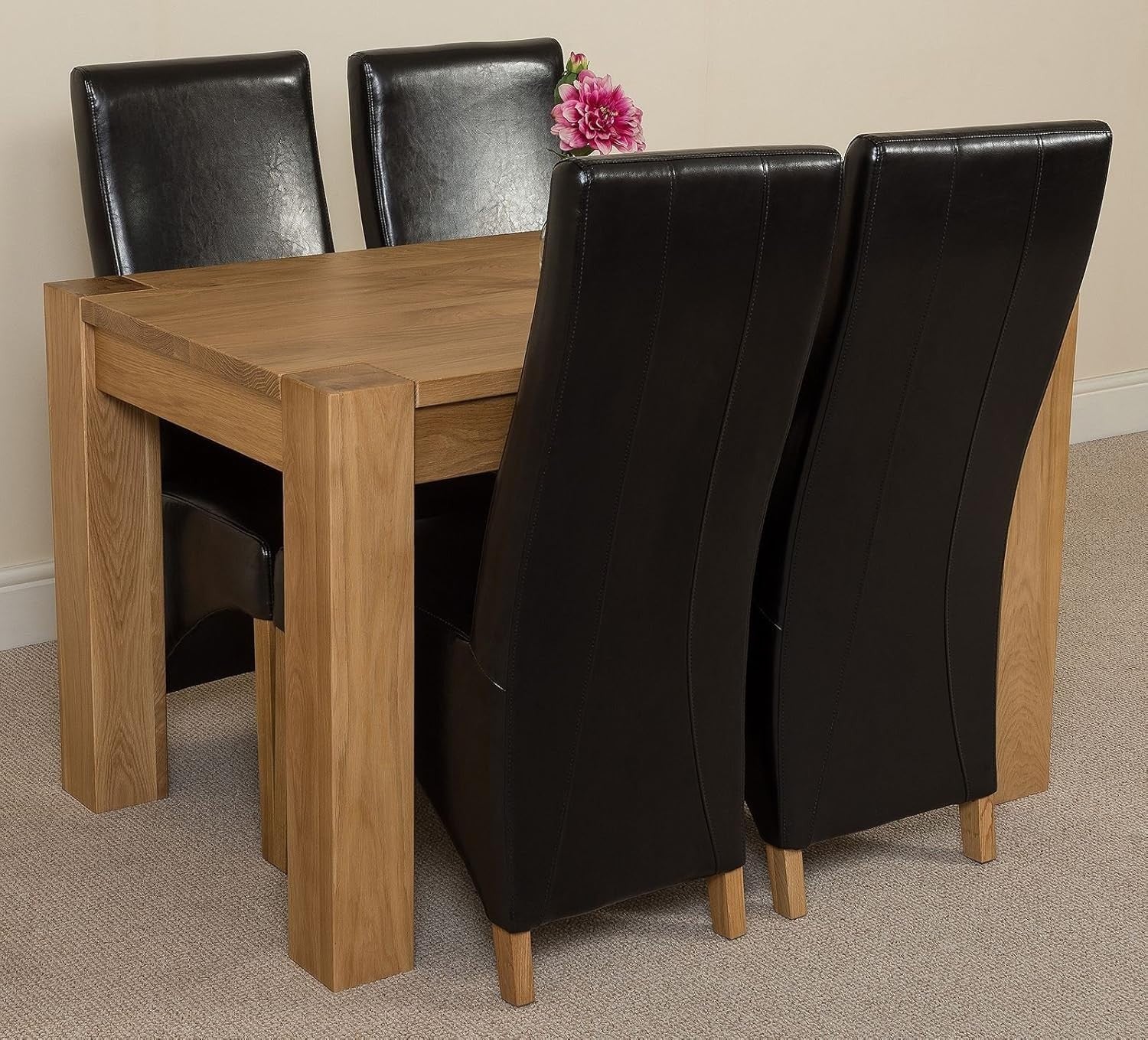 Solid Oak Dining Table Set 4 Black Leather Chairs – 125x80cm Compact